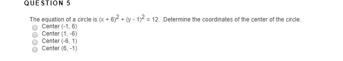 The equation of a circle is (x + 6)2 + (y - 1)2 = 12. Determine the coordinates of-example-1