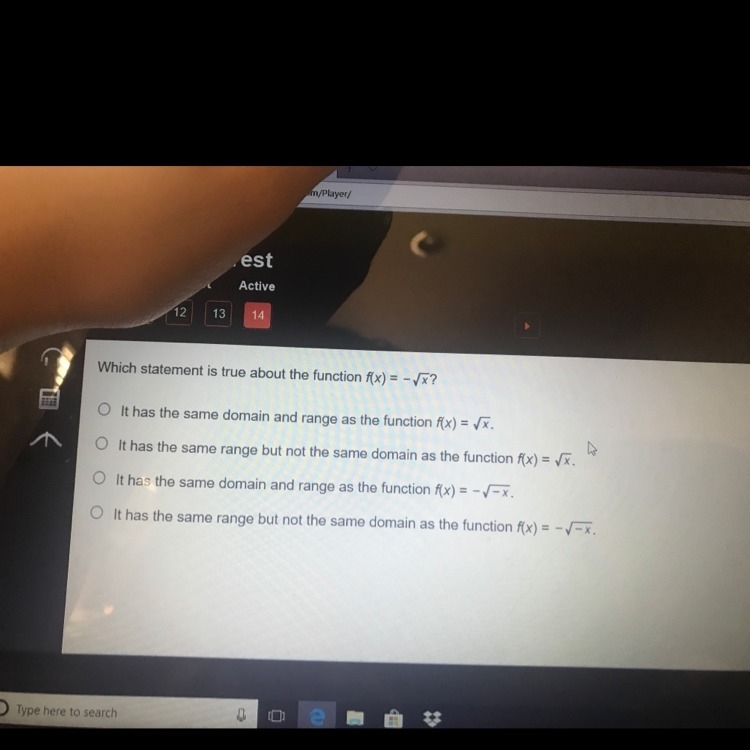 Which statement is true about the function f(x)= - square root of x?-example-1