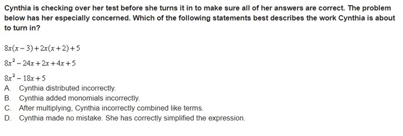 Cynthia is checking over her test before she turns it in to make sure all of her answers-example-1