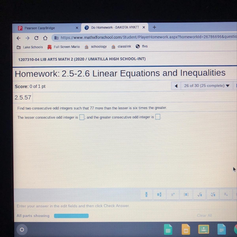 Find two consecutive odd integers such that 77 more than the lesser is six times the-example-1