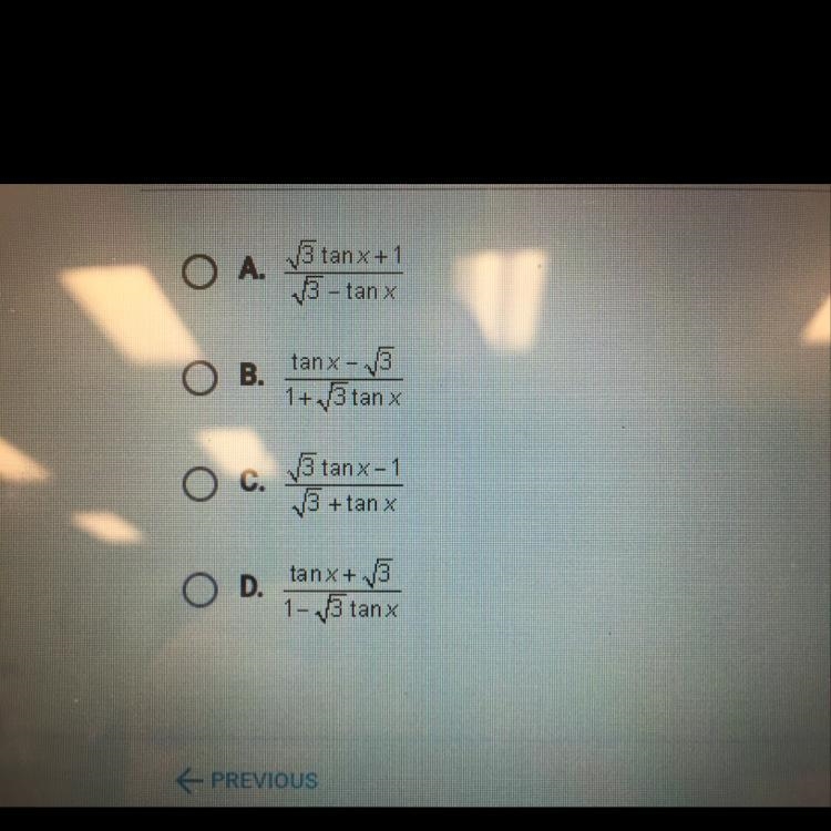 The equation tan(x+ pi/3) is equal to-example-1