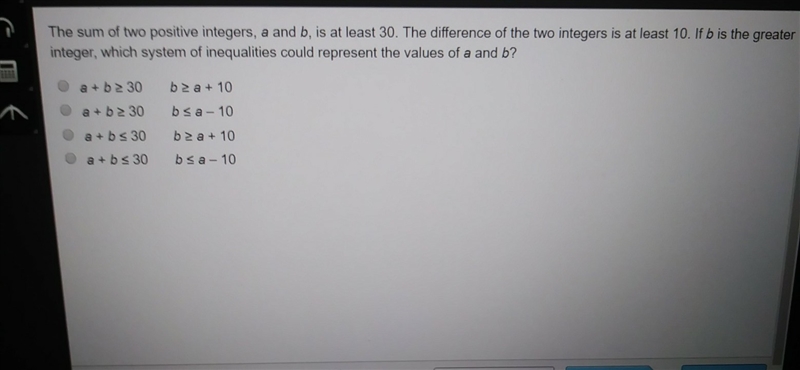 the sum of two postitive integers, a and b, is least 30. the difference of the two-example-1