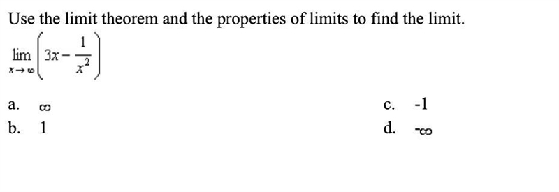 Use the limit theorem and the properties of limits to find the limit. Picture provided-example-1