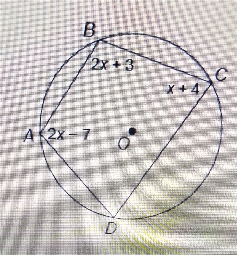 Quadrilateral ABCD is inscribed in circle O. What is ​ m∠B ​ ? Enter your answer in-example-1