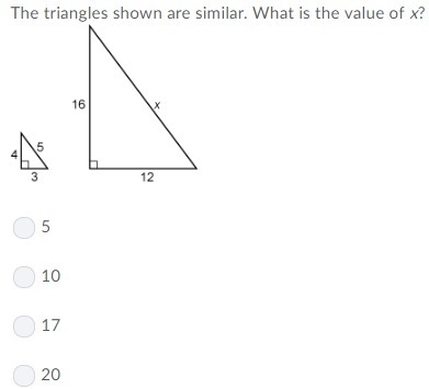 Help please the triangles shown are similar. what is the value of x-example-1