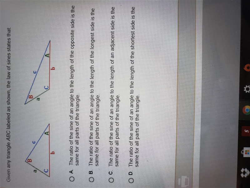 Given any triangle ABC labeled as shown, the law of sines states that:-example-1