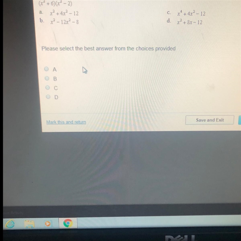 Use the foil method to find the product. (X^2 + 6) (x^2 -2)-example-1