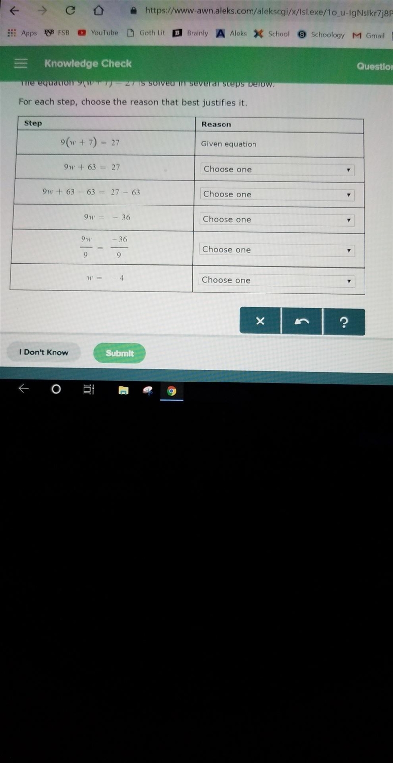 Please help me out The equation 9(w + 7) = 27 solved in several steps below. For each-example-1