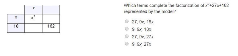 Answer as soon as possible Which terms complete the factorization of x2+27x+162? A-example-1