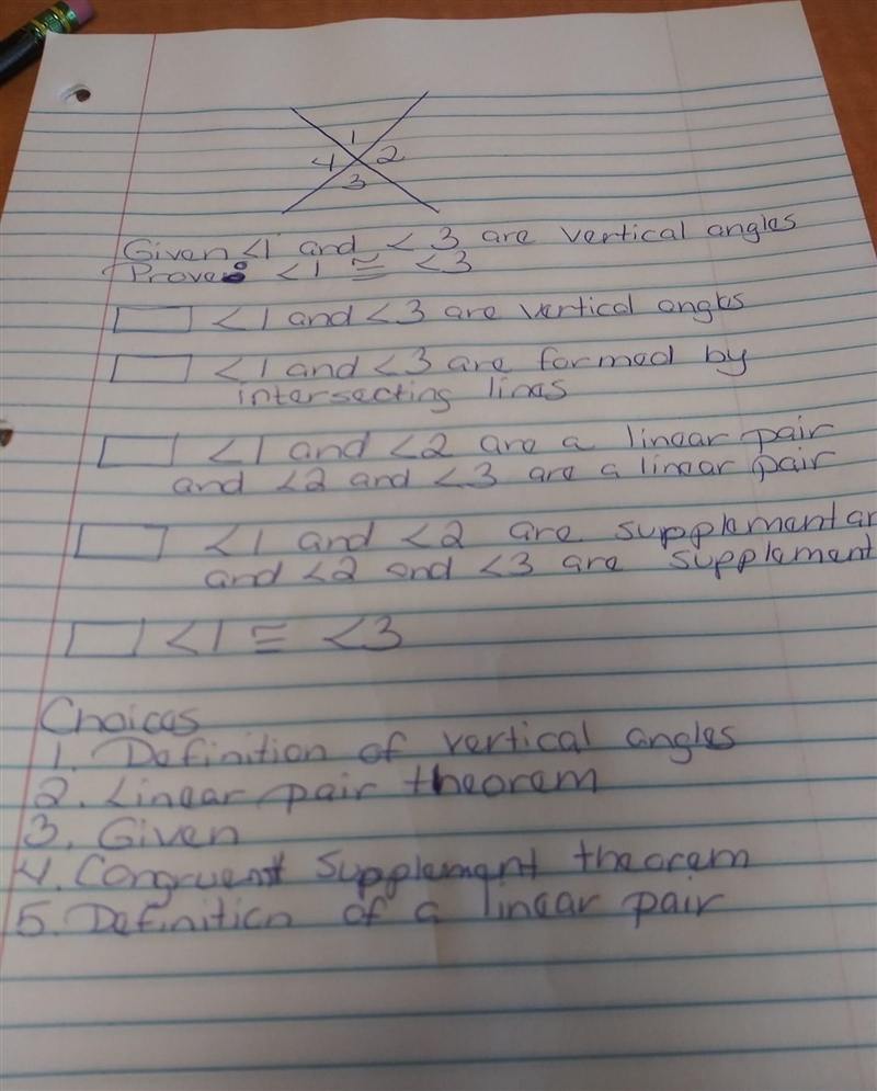 I am having a hard time with this proof of vertical angles. The choices for them are-example-1