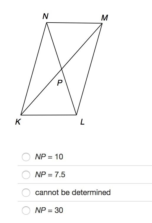 In parallelogram KLMN, NL=15. Identify NP. HELP PLEASE!!-example-1