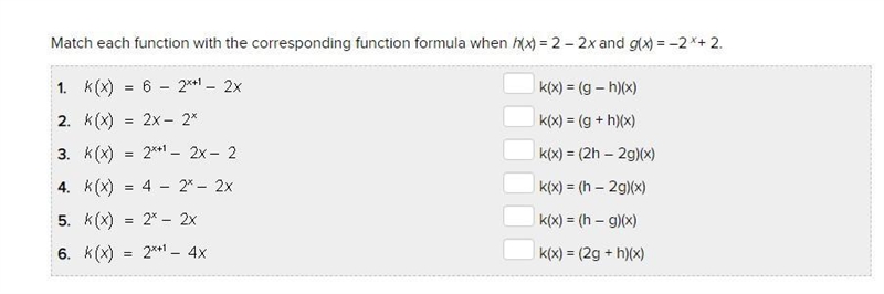 Match each function with the corresponding function formula when h(x) = 2 – 2x and-example-1