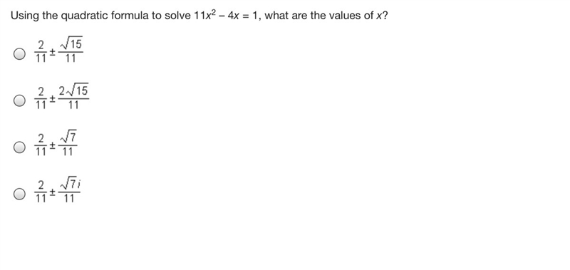 Using the quadratic formula to solve 11x2 – 4x = 1, what are the values of x?-example-1