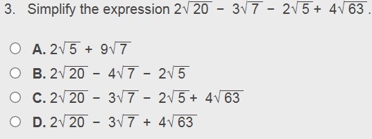 Simplify the expression 2√ 20 − 3√ 7 − 2√ 5 + 4√ 63 .-example-1