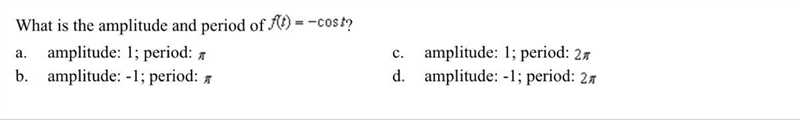 What is the amplitude and period of f(t)=-cos t-example-1