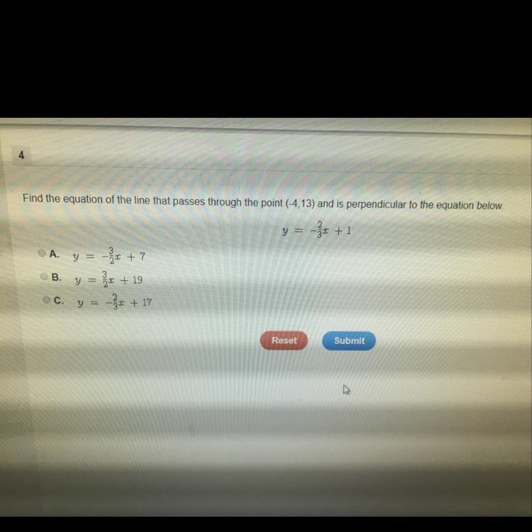 Find the equation of the like that passes through the point (-4,13) and is perpendicular-example-1