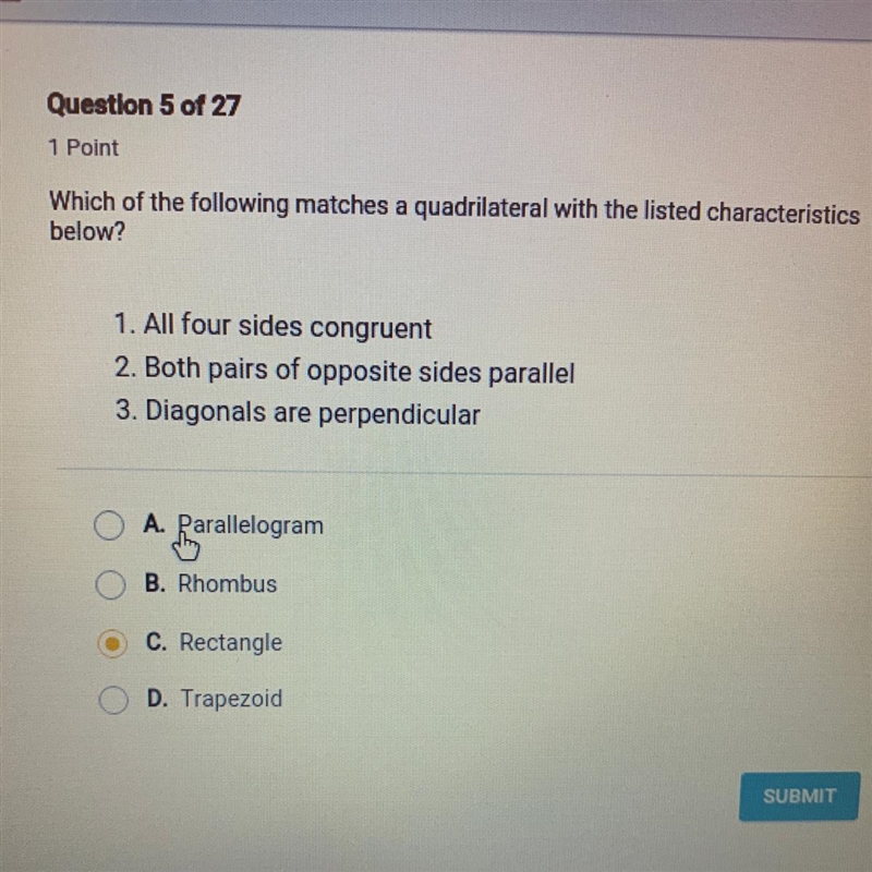 Which of the following matches a quadrilateral with the listed characteristics below-example-1