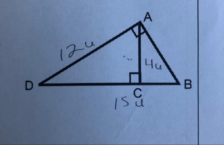 If AD = 12 units, BD = 15 units, and AC = 4 units, what is the length of BC?-example-1