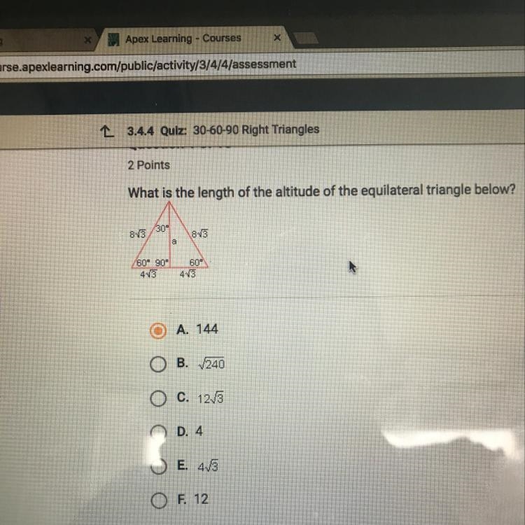 What us the length of the altitude of the equilateral triangle below-example-1