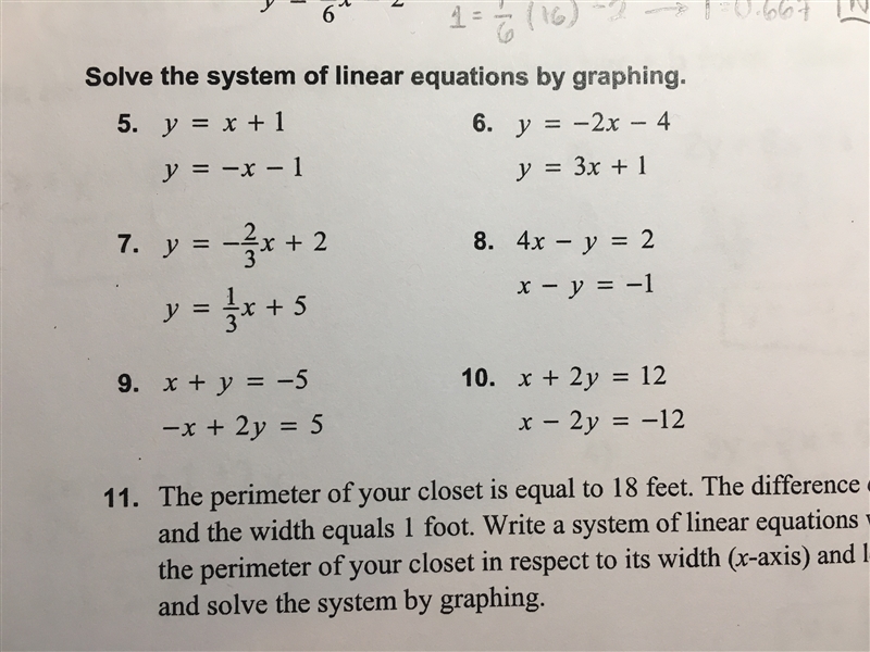 Solve the system of linear equations by graphing. Answers: (-5,0) (-3,4) (4,5) (-1,0) (0,6) (1,2) (-1,-2) Please-example-1