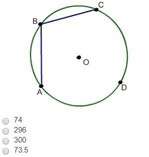 Find the value of x if m arc ADC = (4x + 4)° and m angle ABC = 150°.-example-1