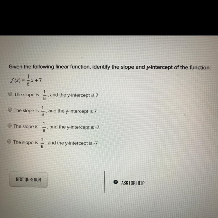 Given the following linear function identify the slope in the Y intercept of the function-example-1