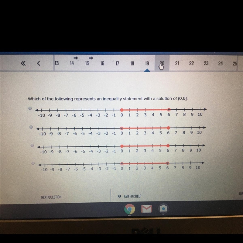 Which of the following represents an inequality statement with a solution of (0,6]-example-1