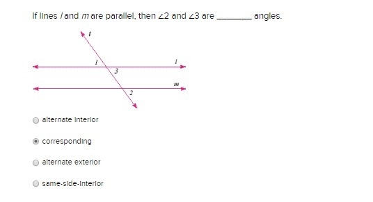 If lines l and m are parallel, then ∠2 and ∠3 are _______ angles.-example-1