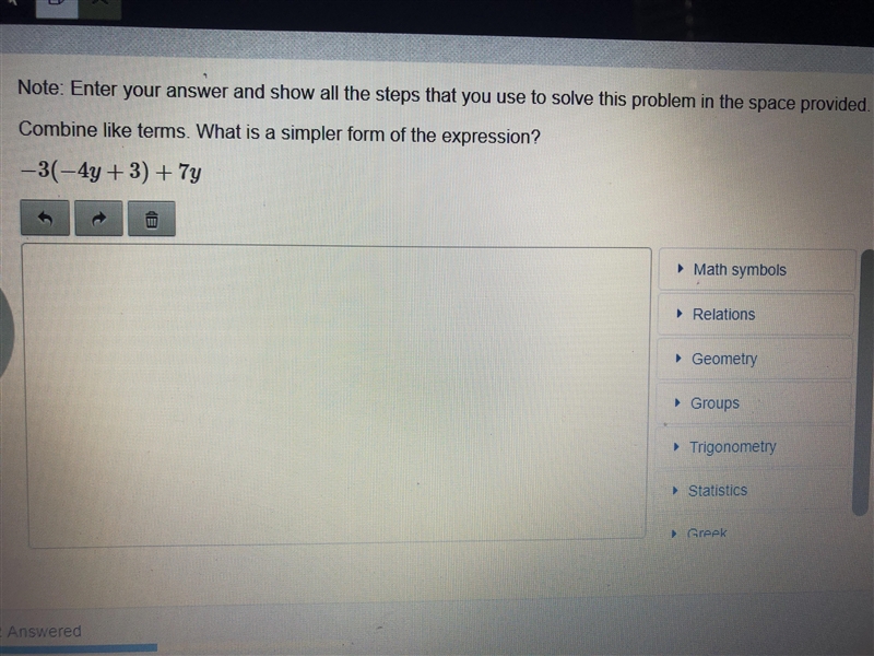 Combine like terms. What is a simpler form of the expression -3(-4y+3)+7y-example-1