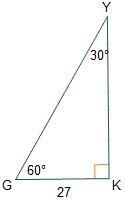 Given right triangle GYK, what is the value of tan(G)? One-half StartFraction StartRoot-example-1