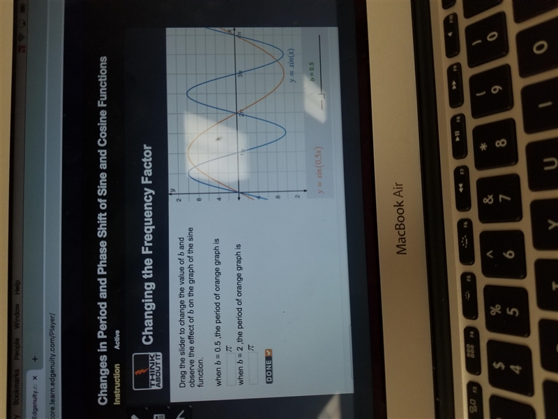 When b= 0.5, the period of orange graph is _ pi When b= 2, the period of orange graph-example-1