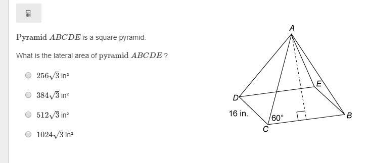 Pyramid ABCDE is a square pyramid. What is the lateral area of pyramid ABCDE ?-example-1