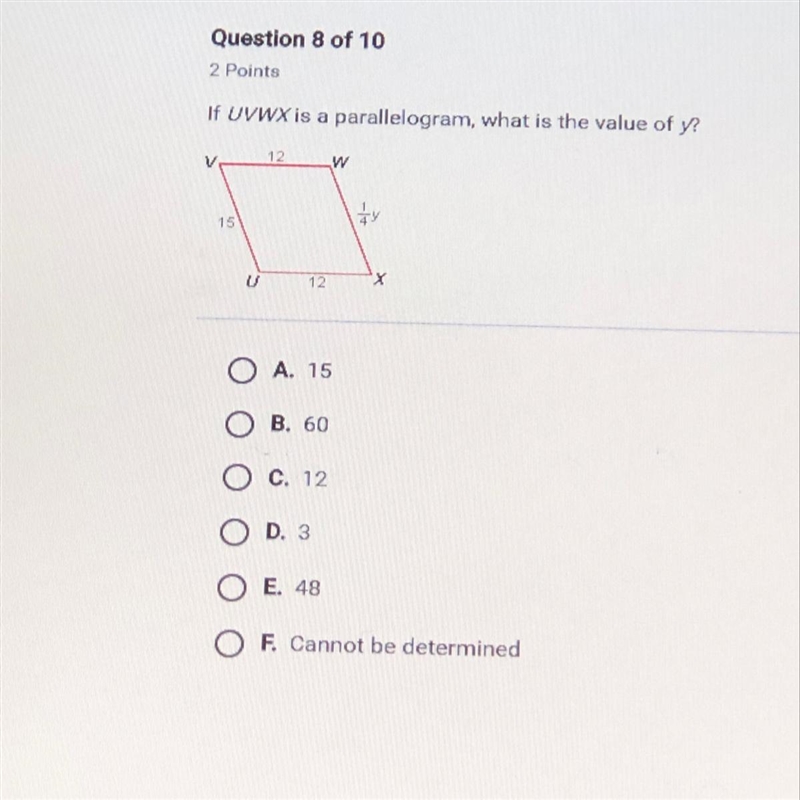 If UVWX is a parallelogram, what is the value of y?-example-1