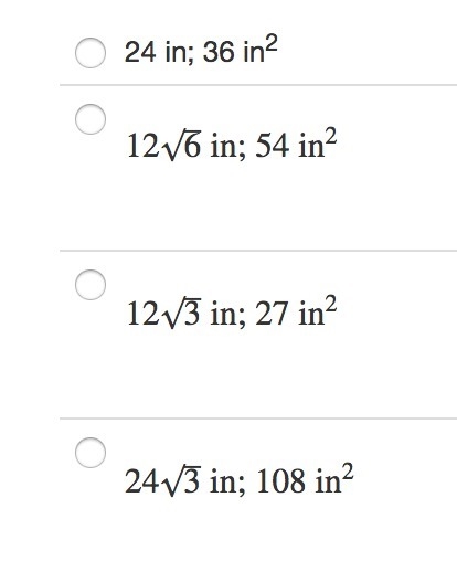 Identify the perimeter and area of a square with diagonal length 6√3 in. Give your-example-1