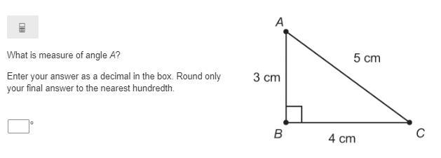 What is measure of angle A? Enter your answer as a decimal in the box. Round only-example-1