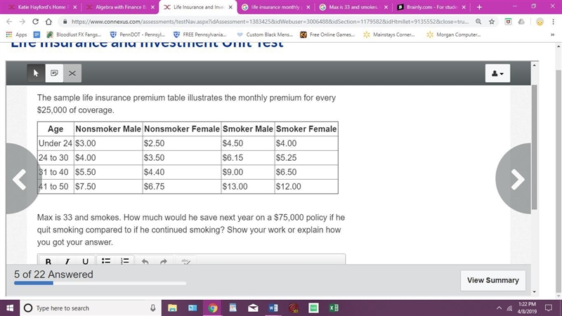 Max is 33 and smokes. How much would he save next year on a $75,000 policy if he quit-example-1