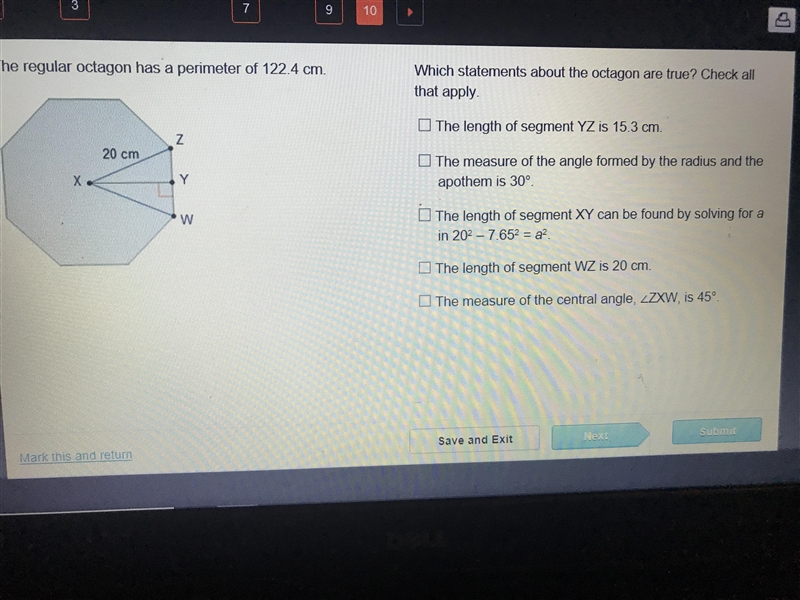 The regular octagon has a perimeter of 122.4 cm. Which statements about the octagon-example-1