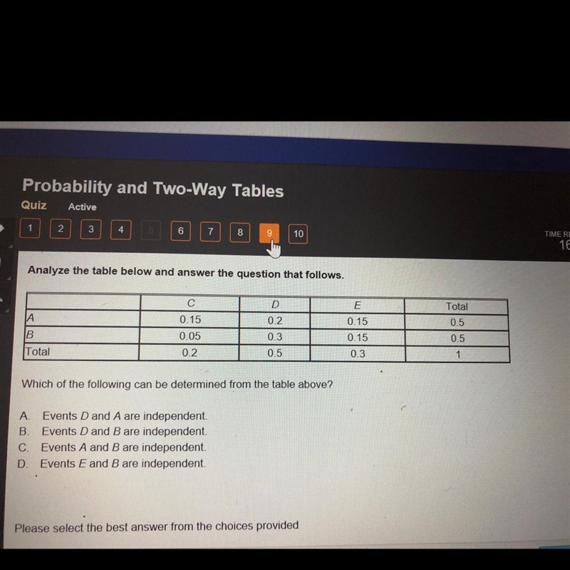 Which of the following can be determined from the table above? A. events D and A are-example-1