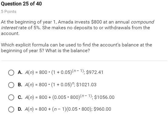 At the beginning of year 1, Amanda invests $800 at an annual compound interest rate-example-1