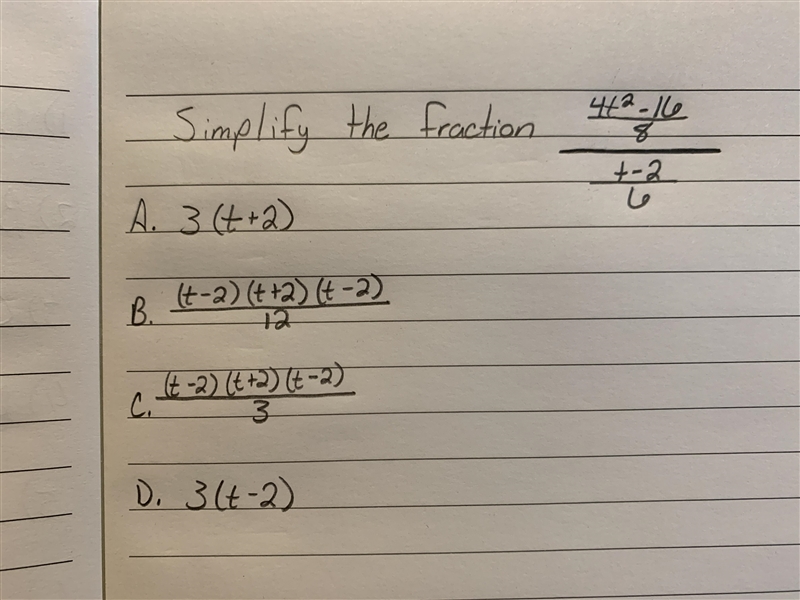 Simplify the fraction (4t^2-16/8) / (t-2/6)-example-1