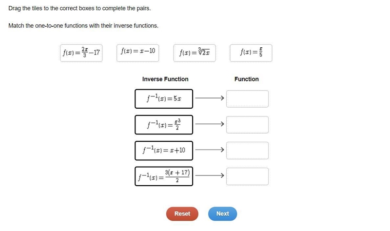 Match the one-to-one functions with their inverse functions.-example-1