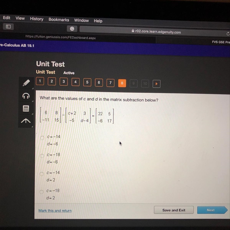 What are the values of c and d in the matrix subtraction below?-example-1