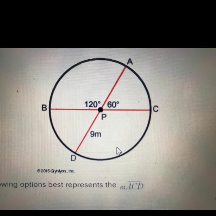 Given circle P, which of the following options best represents the mACD a. 60 degrees-example-1