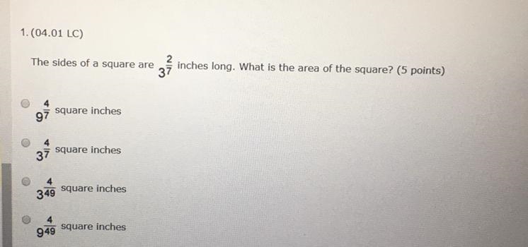 The sides of a square are 3^2/7 inches long. What is the area of the square-example-1