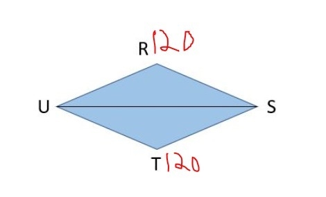 Parallelogram RSTU is a rhombus. m∠R = 120° What is m∠T = 120 (What is m∠RSU?)-example-1