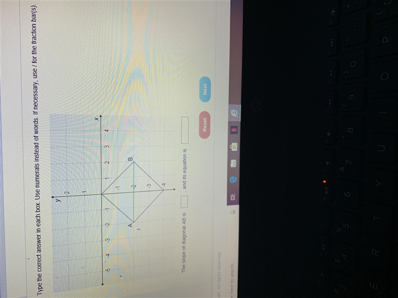 The slope of diagonal AB is? And it’s equation is? Please help!-example-1