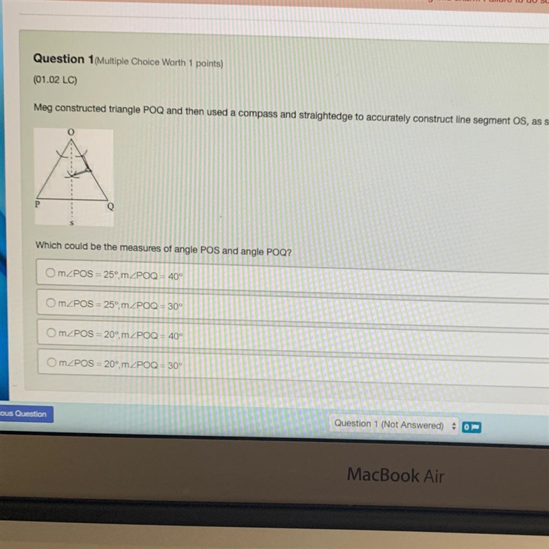 Meg constructed triangle POQ and then used compass and straight edge to accurately-example-1