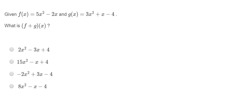 PLEASE HELP ASAP!!! CORRECT ANSWER ONLY PLEASE!!! What is (f+g)(x) ?-example-1