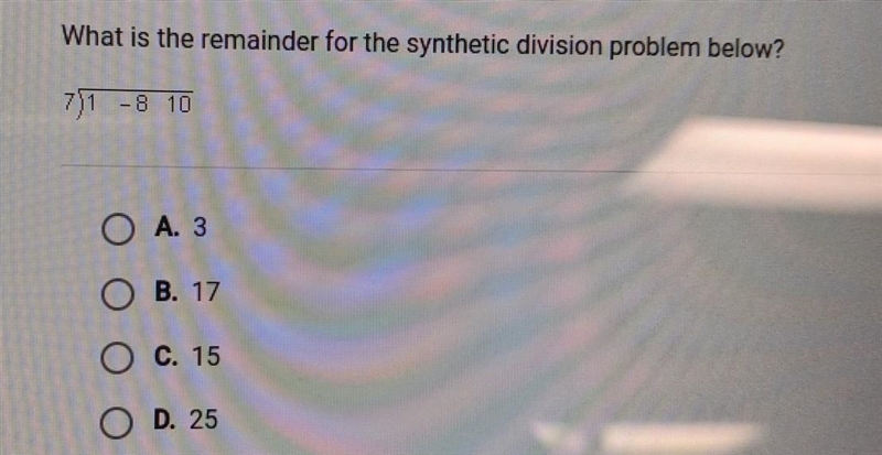 1 Point What is the remainder for the synthetic division problem below? ​-example-1