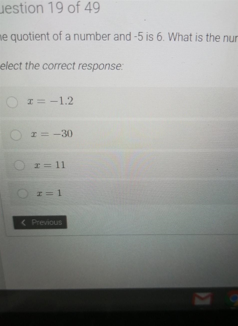 The quotient of a numder and -5 is 6. what is the number? ​-example-1